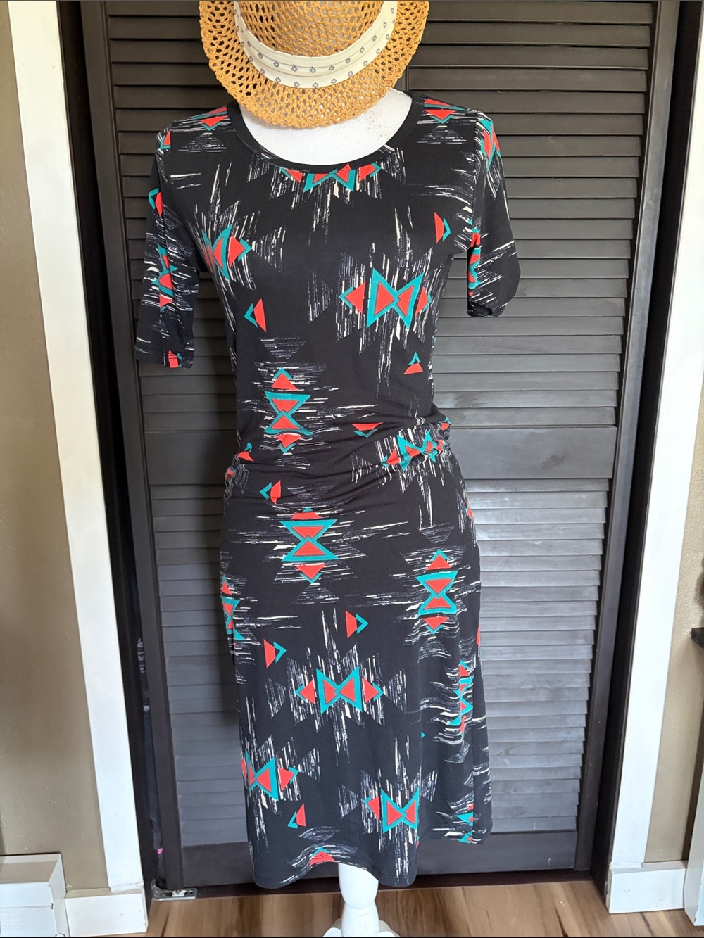 LuLaRoe Black Midi Dress with Turquoise and Coral Aztec Print